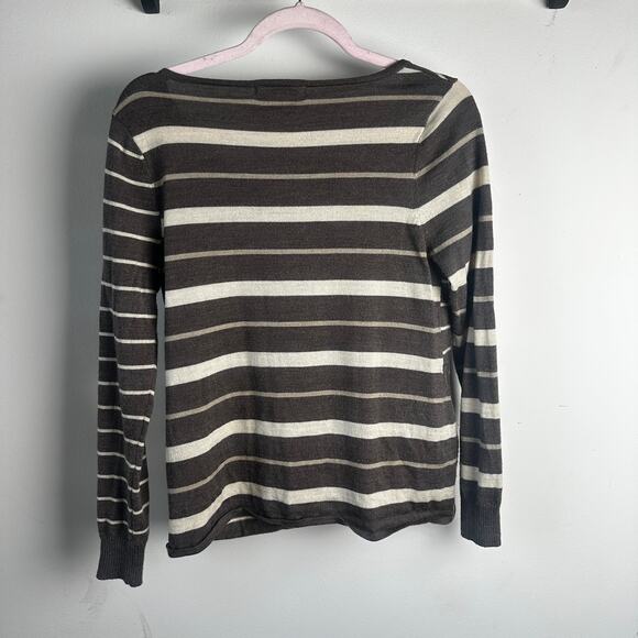 Smartwool Womens White Gray Striped Merino Wool V Neck Lightweight Sweater Sz S - Picture 1 of 4